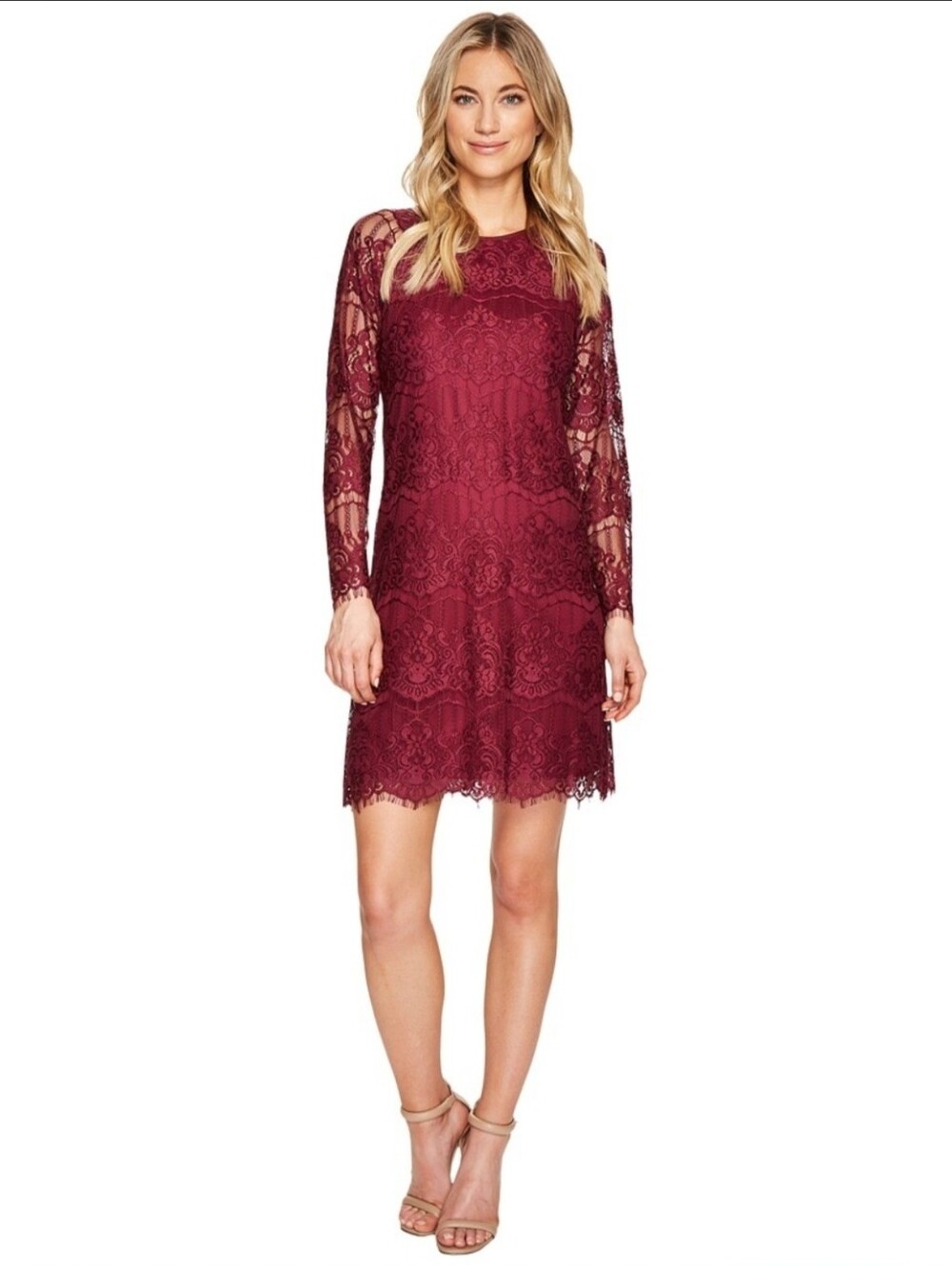 Adrianna Papell Burgundy Lace Long-Sleeve A-Line Dress Size 6